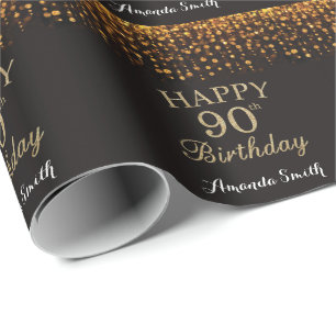 Happy 90th Birthday Black en Gold Glitter Cadeaupapier