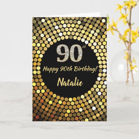 Happy 90th Birthday Black en Gold Glitter Kaart (Gele Bloem)