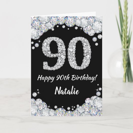 Happy 90th Birthday Black en Silver Glitter Card Kaart (Voorkant)