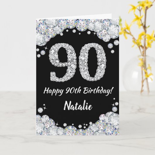 Happy 90th Birthday Black en Silver Glitter Card Kaart (Gele Bloem)