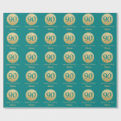Happy 90th Birthday Blauwgroen en Gold Glitter Cadeaupapier (Vlak)