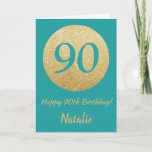 Happy 90th Birthday Blauwgroen en Gold Glitter Car Kaart<br><div class="desc">Fijne 90e verjaardag Blauwgroen en Gold Glitter Card met persoonlijke naam. Voor verdere aanpassing,  te klikken gelieve de knoop "van de Aanpassing het"en ons ontwerphulpmiddel te gebruiken om deze sjabloon te wijzigen.</div>