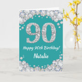 Happy 90th Birthday Blauwgroen en Silver Glitter C Kaart (Gele Bloem)