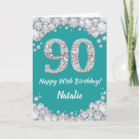 Happy 90th Birthday Blauwgroen en Silver Glitter C Kaart<br><div class="desc">Fijne 90ste verjaardag Blauwgroen Turquoise Aqua en Silver Glitter Card met persoonlijke naam. Voor verdere aanpassing,  te klikken gelieve de knoop "van de Aanpassing het"en ons ontwerphulpmiddel te gebruiken om deze sjabloon te wijzigen.</div>