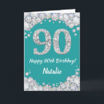Happy 90th Birthday Blauwgroen en Silver Glitter C Kaart<br><div class="desc">Fijne 90ste verjaardag Blauwgroen Turquoise Aqua en Silver Glitter Card met persoonlijke naam. Voor verdere aanpassing,  te klikken gelieve de knoop "van de Aanpassing het"en ons ontwerphulpmiddel te gebruiken om deze sjabloon te wijzigen.</div>
