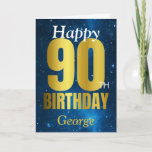 Happy 90th Birthday Blue Gold Kaart<br><div class="desc">Een prachtige blauwe en gouden verjaardagskaart.. Dit ruimtevaartconcept is de perfecte manier om iemand een 'gelukkige 90ste verjaardag' te wensen. Personaliseer u met onze eigen aangepaste naam en boodschap. Goud-witte typografie op een universum achtergrond.</div>