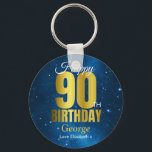 Happy 90th Birthday Blue Gold Sleutelhanger<br><div class="desc">Een prachtige blauwe en gouden sleutelhanger van 90ste verjaardag. Dit ruimtevaartconcept is de perfecte manier om iemand een 'gelukkige 90ste verjaardag' te wensen. Personaliseer u met onze eigen aangepaste naam en boodschap. Goud-witte typografie op een universum achtergrond.</div>