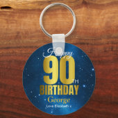 Happy 90th Birthday Blue Gold Sleutelhanger (Voorkant)