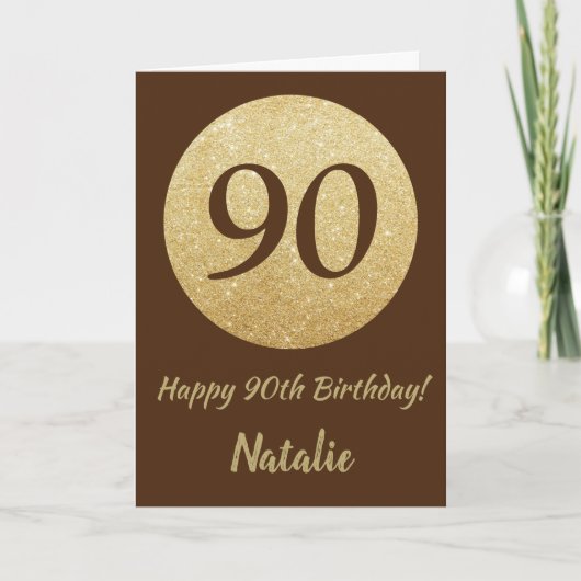 Happy 90th Birthday Bruin en Gouden Glitter Kaart (Voorkant)