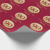 Happy 90th Birthday Burgundy Red en Gold Glitter Cadeaupapier (Hoek)