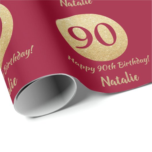 Happy 90th Birthday Burgundy Red en Gold Glitter Cadeaupapier (Rol Hoek)