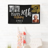 Happy 90th Birthday Gold Foliage 3 Photo Backdrop Spandoek (Insitu)