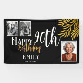Happy 90th Birthday Gold Foliage 3 Photo Backdrop Spandoek (Horizontaal)