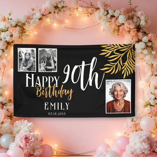 Happy 90th Birthday Gold Foliage 3 Photo Backdrop Spandoek