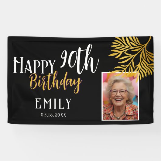 Happy 90th Birthday Gold Foliage Photo Backdrop Spandoek (Horizontaal)