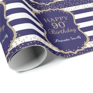 Happy 90th Birthday Gold Glitter en Navy Blue Cadeaupapier