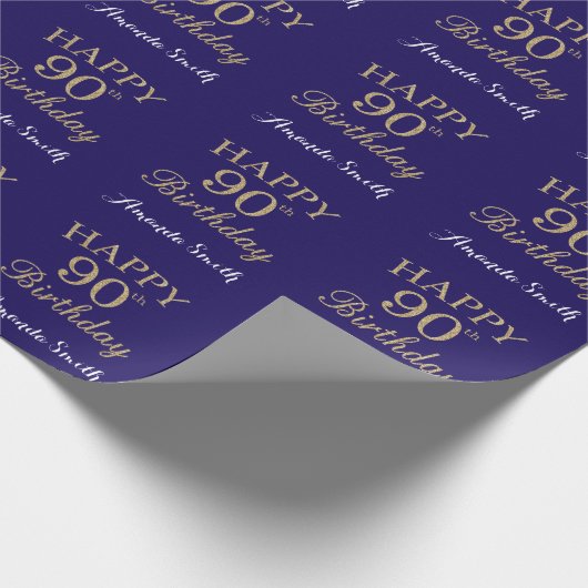 Happy 90th Birthday Gold Glitter en Navy Blue Cadeaupapier (Hoek)