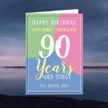 Happy 90th Birthday Kaart<br><div class="desc">Vier een verjaardag met een persoonlijke kaart met de naam,  het aantal jaren en de datum van de ontvanger. Voeg ook een bericht toe aan de binnenkant. Verjaardag Kaart voor een 90-jarige.</div>