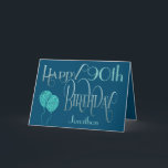 Happy 90th Birthday Name Blue Kaart<br><div class="desc">Een ontwerp met elegante letters in tinten blauw voor de 90ste verjaardag. Happy Birthday wordt geplaatst in een decoratief manuscript in blauw, en de leeftijd is in een coördinerende stijl in zacht blauwgroen, samen met de naam van uw ontvanger, op een blauwe achtergrond. U kunt het bericht binnen in uw...</div>