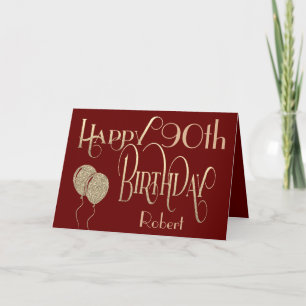 Happy 90th Birthday Name Gold Typography Burgundy Kaart