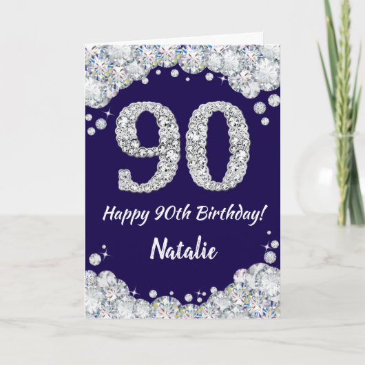 Happy 90th Birthday Navy Blue en Silver Glitter Kaart (Voorkant)