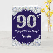 Happy 90th Birthday Navy Blue en Silver Glitter Kaart (Gele Bloem)