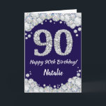 Happy 90th Birthday Navy Blue en Silver Glitter Kaart<br><div class="desc">Fijne 90e verjaardag Navy Blue en Silver Glitter Card met persoonlijke naam. Voor verdere aanpassing,  te klikken gelieve de knoop "van de Aanpassing het"en ons ontwerphulpmiddel te gebruiken om deze sjabloon te wijzigen.</div>