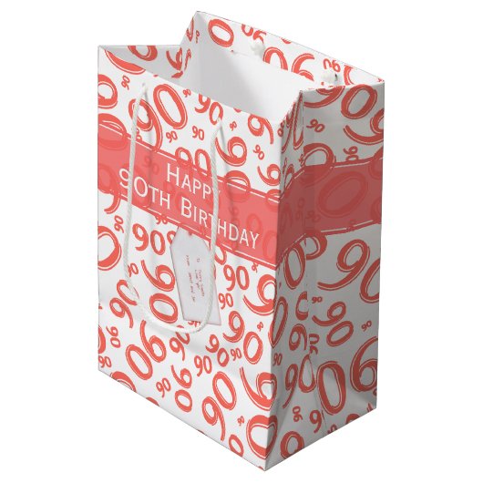 Happy 90th Birthday Number Pattern Coral/White Medium Cadeauzakje (Voorkant Gekanteld)