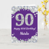 Happy 90th Birthday Paars en Silver Glitter Card Kaart (Gele Bloem)