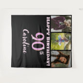 Happy 90th Birthday Party, Pink Glitter & 3 foto's Wandkleed (Voorkant (horizontaal))