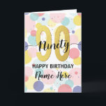 Happy 90th Birthday Pastel Rainbow Gold Woman Kaart<br><div class="desc">Fun,  vrolijk,  elegant en kleurrijk design verjaardagskaart 
Vuurwerk in heldere regenboogkleuren. Faux goud groot getal.
Haal deze vrolijke kaart om je vriend of familie te vieren!</div>