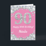 Happy 90th Birthday Pink en Silver Glitter Card Kaart<br><div class="desc">Fijne 90e verjaardag Roze en Silver Glitter Card met persoonlijke naam. Voor verdere aanpassing,  te klikken gelieve de knoop "van de Aanpassing het"en ons ontwerphulpmiddel te gebruiken om deze sjabloon te wijzigen.</div>
