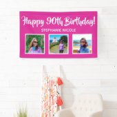 Happy 90th Birthday Pink Gepersonaliseerde 3 foto' Spandoek (Insitu)