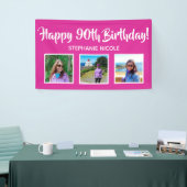 Happy 90th Birthday Pink Gepersonaliseerde 3 foto' Spandoek (Beurs)
