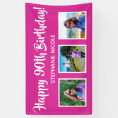 Happy 90th Birthday Pink Gepersonaliseerde 3 foto' Spandoek (Verticaal)