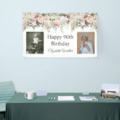 Happy 90th Birthday Pink Roses Floral 2 foto's Spandoek (Beurs)