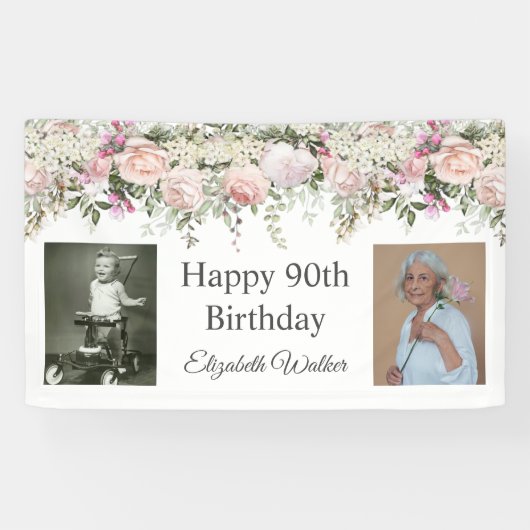 Happy 90th Birthday Pink Roses Floral 2 foto's Spandoek (Horizontaal)