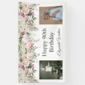 Happy 90th Birthday Pink Roses Floral 2 foto's Spandoek (Verticaal)