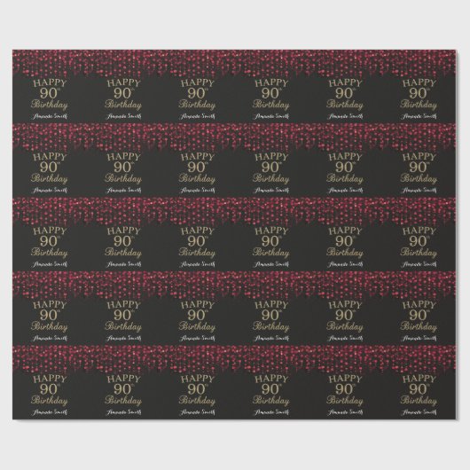 Happy 90th Birthday Red Black en Gold Glitter Cadeaupapier (Vlak)