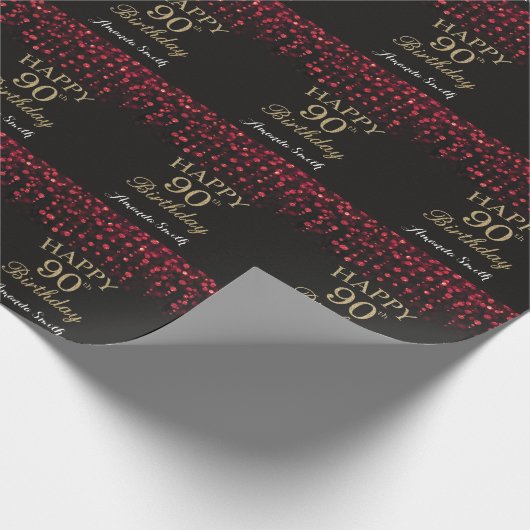 Happy 90th Birthday Red Black en Gold Glitter Cadeaupapier (Hoek)
