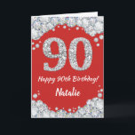 Happy 90th Birthday Red en Silver Glitter Card Kaart<br><div class="desc">Fijne 90e Birthday Red en Silver Glitter Card met persoonlijke naam. Voor verdere aanpassing,  te klikken gelieve de knoop "van de Aanpassing het"en ons ontwerphulpmiddel te gebruiken om deze sjabloon te wijzigen.</div>