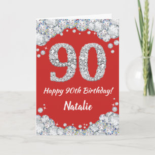 Happy 90th Birthday Red en Silver Glitter Card Kaart