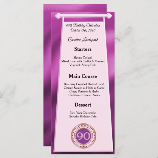 Happy 90th Birthday Roze Glitter Folie Menu (Voorkant / Achterkant)