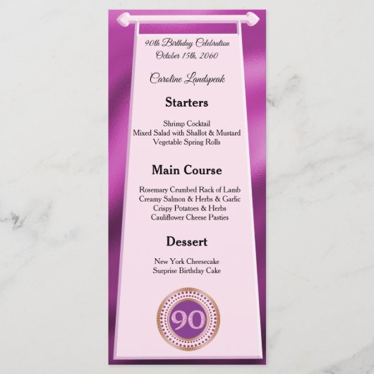 Happy 90th Birthday Roze Glitter Folie Menu (Voorkant)