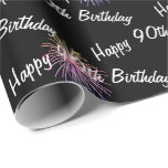 Happy 90th Birthday vuurwerk op zwart Cadeaupapier<br><div class="desc">Fijne 90ste verjaardagstekst met zwart vuurwerk. De achtergrondkleur en het bericht kunnen worden veranderd.</div>