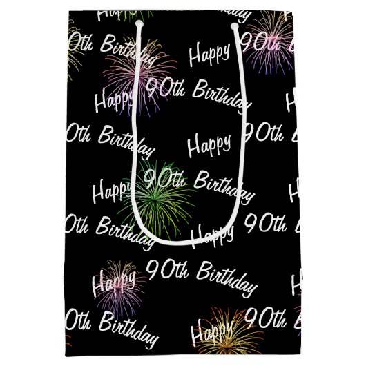 Happy 90th Birthday vuurwerk op zwart Medium Cadeauzakje (Achterkant)