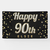 Happy 90th Bling Typography Gold Confetti Black Spandoek (Horizontaal)