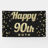 Happy 90th Gold Bling Typography Confetti Black Spandoek (Horizontaal)