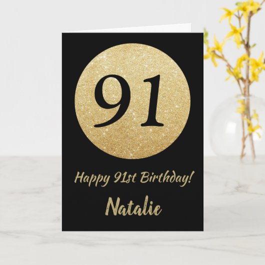 Happy 91st Birthday Black en Gold Glitter Kaart (Gele Bloem)