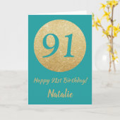 Happy 91st Birthday Blauwgroen en Gouden Glitter K Kaart (Gele Bloem)